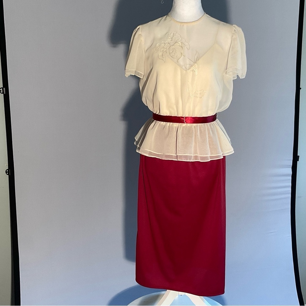 True Vintage 1980s Sheer Embroidered Church Dress with Ribbon Sash - Picture 7 of 16